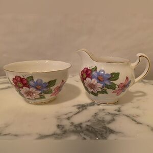 Vintage Royal Vale Bone China Floral Creamer and Sugar Bowl Set Pink & Purple